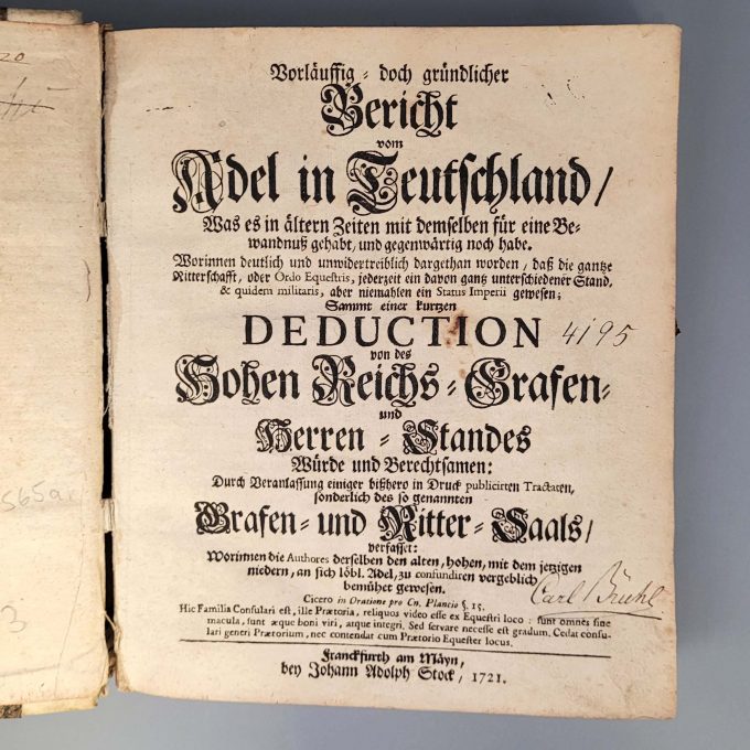 Los 23: [LUTZ, Samuel]: Vorläuffig - doch gründlicher Bericht vom Adel in Teutschland ... Sammt einer kurzen Deduction von des Hohen Reichs- Grafen- und Herren- Standes Würde und Berechtsamen