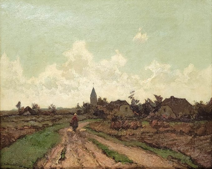 Los 349: DE JONG, Antonie Gerardus: Bäuerin mit Schafen am Rande eines Bauerndorfes – Bild 2