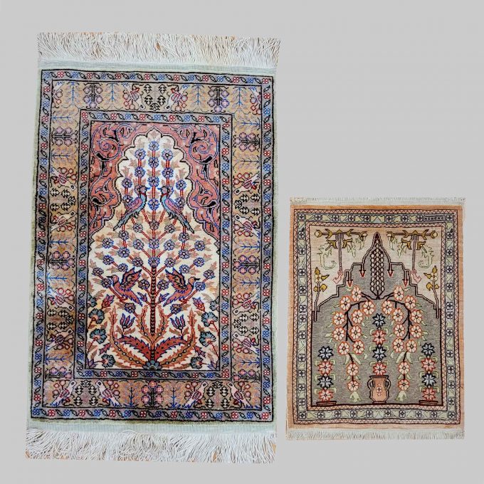 Los 961: 2 Kayseri, Seide, Metallbroschierung (1x), 40 x 32 cm, 63 x 44 cm, Zustand B