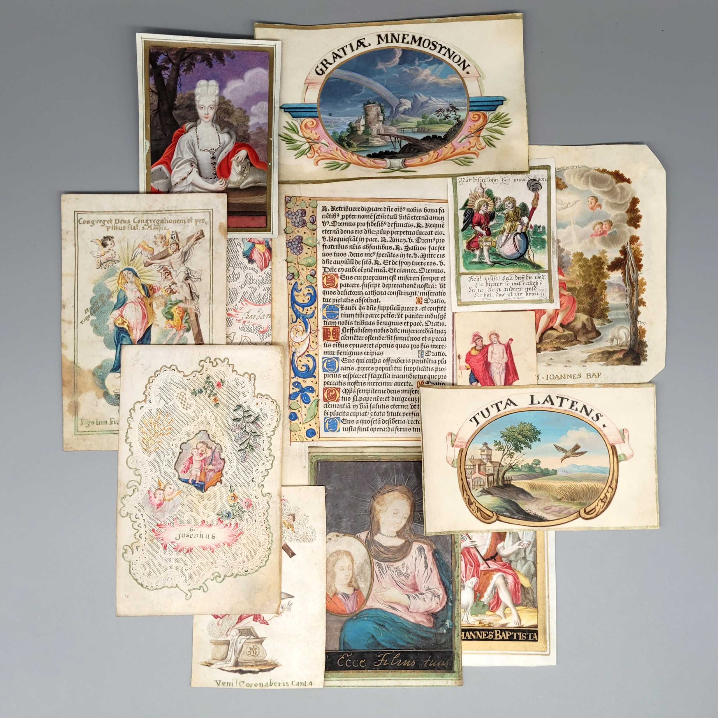 Los 60: Konvolut Heiligenbilder und eine Stundenbuchseite